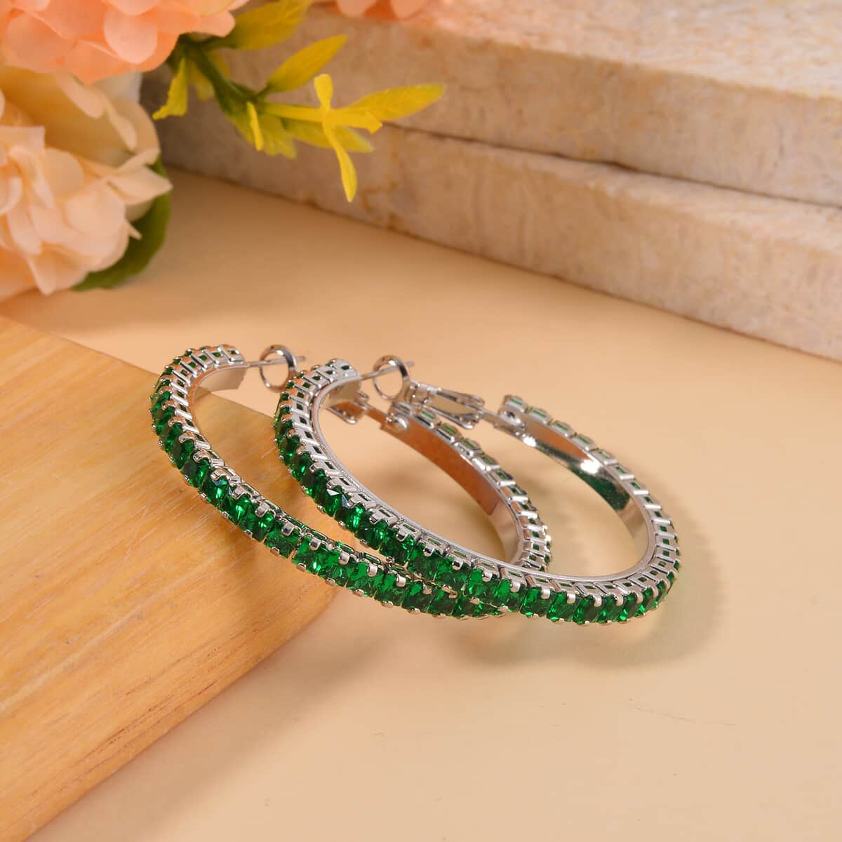 Bargain Deal Simulated Emerald Hoop Earrings in Silvertone image number 1