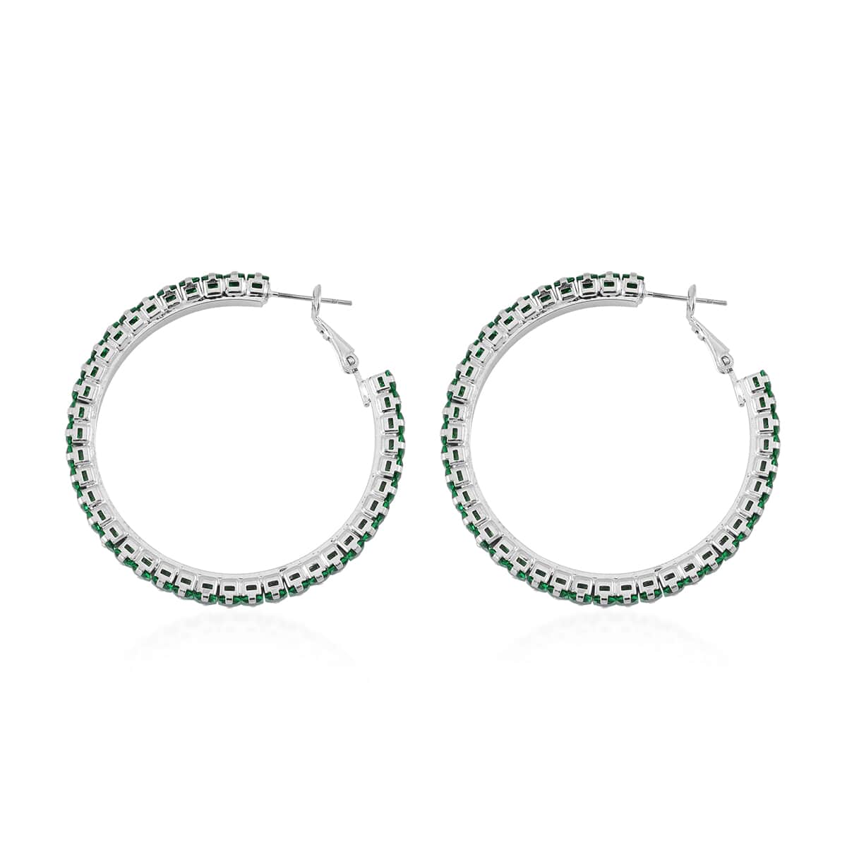 Simulated Emerald Hoop Earrings in Silvertone image number 3