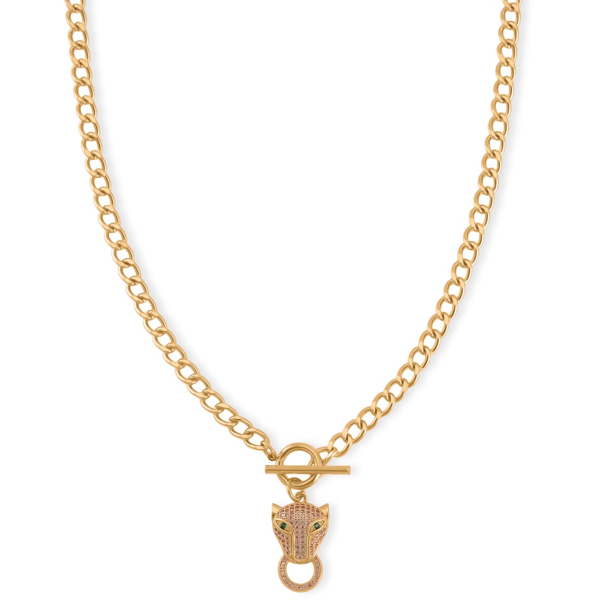 Green Glass and Simulated Champagne Diamond Wolf Head and Link Necklace 20 Inches in Goldtone 1.00 ctw image number 0