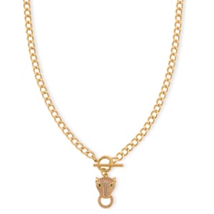 Green Glass and Simulated Champagne Diamond Wolf Head and Link Necklace 20 Inches in Goldtone 1.00 ctw
