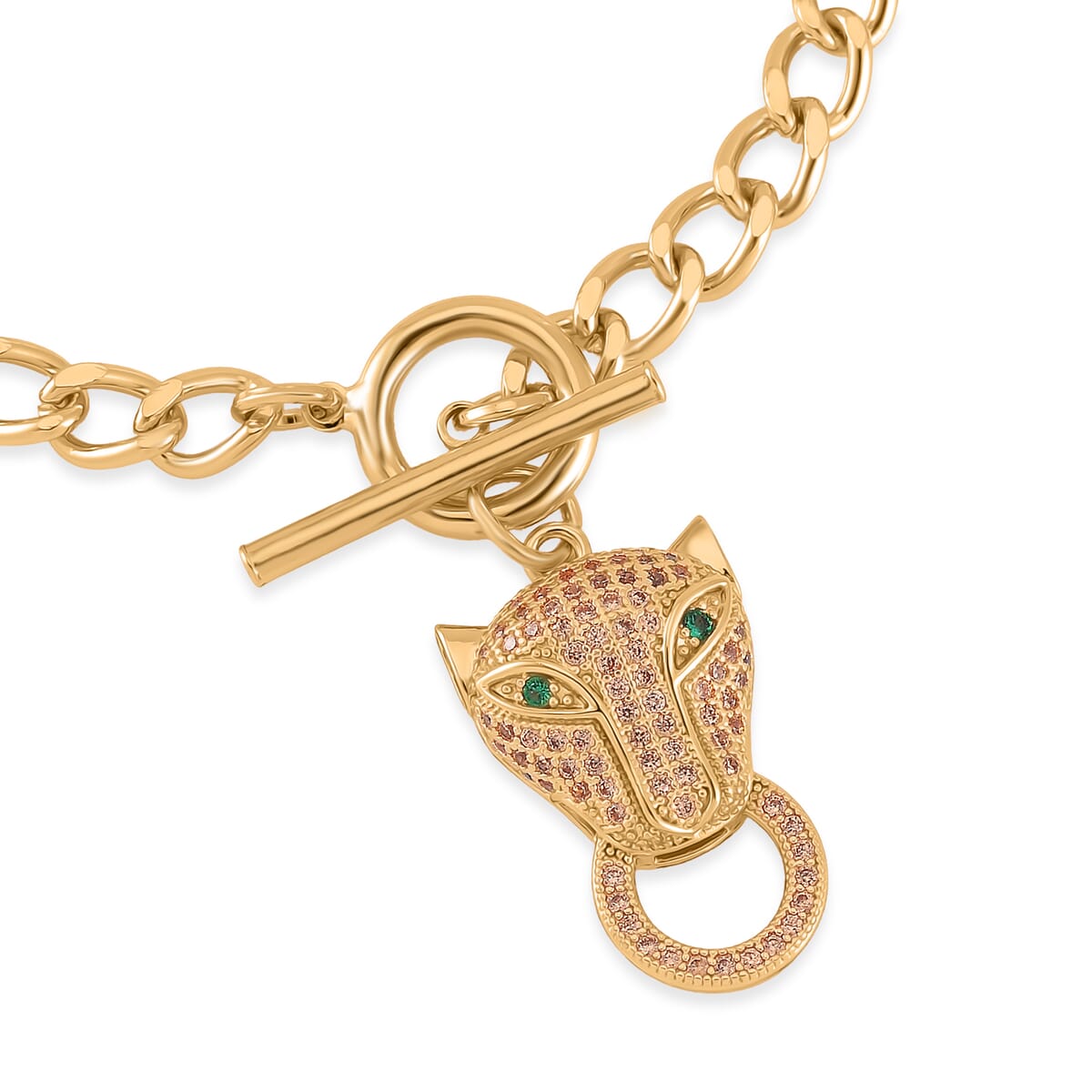 Green Glass and Simulated Champagne Diamond Wolf Head and Link Necklace 20 Inches in Goldtone 1.00 ctw image number 4
