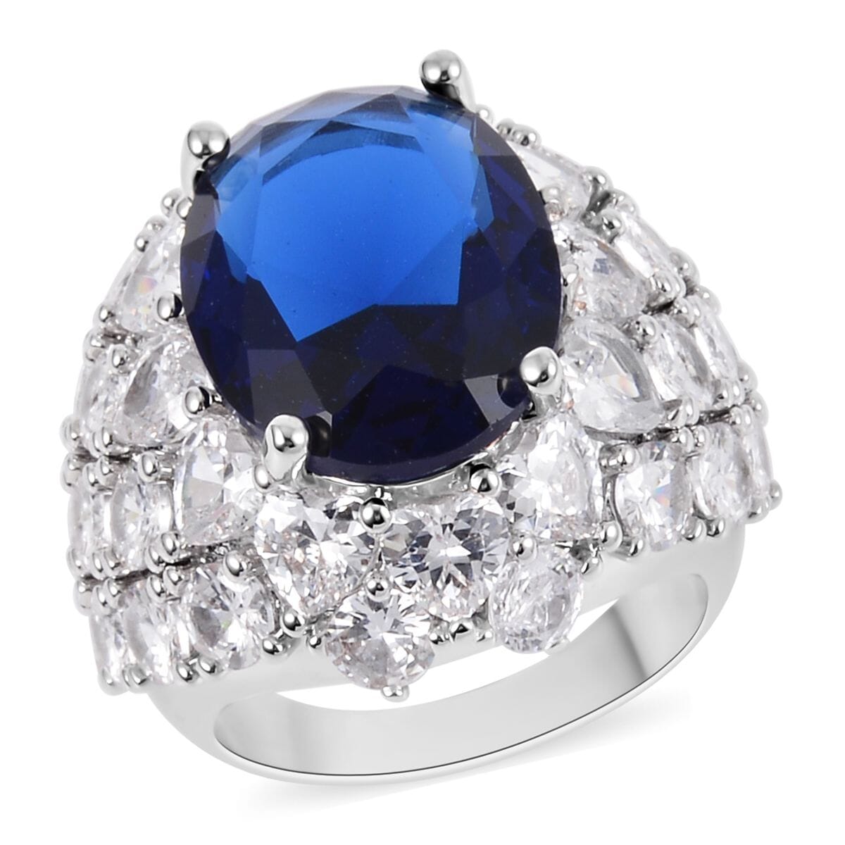 Simulated Sapphire and Simulated Diamond Dome Ring in Silvertone (Size 10.0) 1.60 ctw image number 0