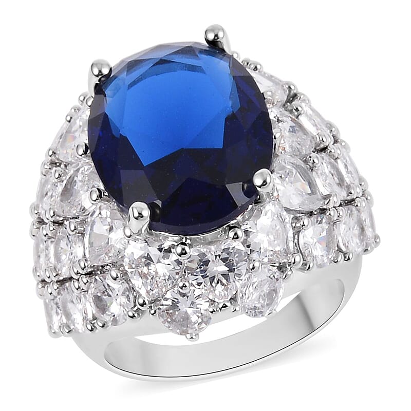 Simulated Sapphire and Simulated Diamond Dome Ring in Silvertone (Size 10.0) 1.60 ctw