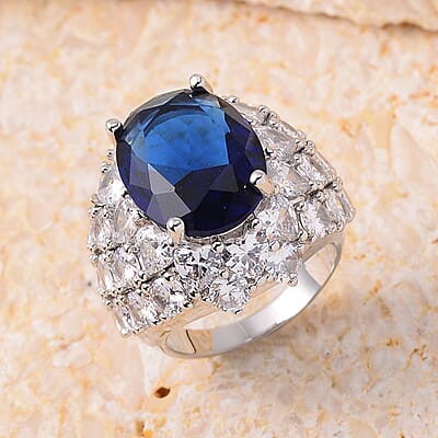 Simulated Sapphire and Simulated Diamond Dome Ring in Silvertone (Size 10.0) 1.60 ctw