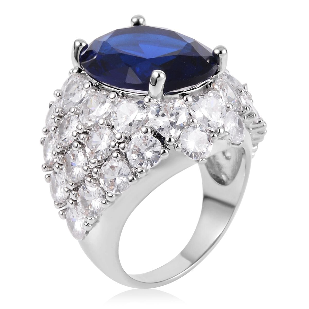 Simulated Sapphire and Simulated Diamond Dome Ring in Silvertone (Size 10.0) 1.60 ctw image number 3