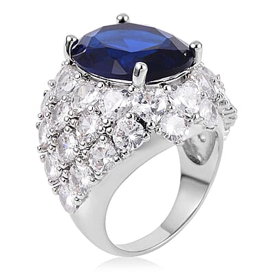 Simulated Sapphire and Simulated Diamond Dome Ring in Silvertone (Size 10.0) 1.60 ctw