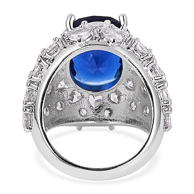 Simulated Sapphire and Simulated Diamond Dome Ring in Silvertone (Size 10.0) 1.60 ctw