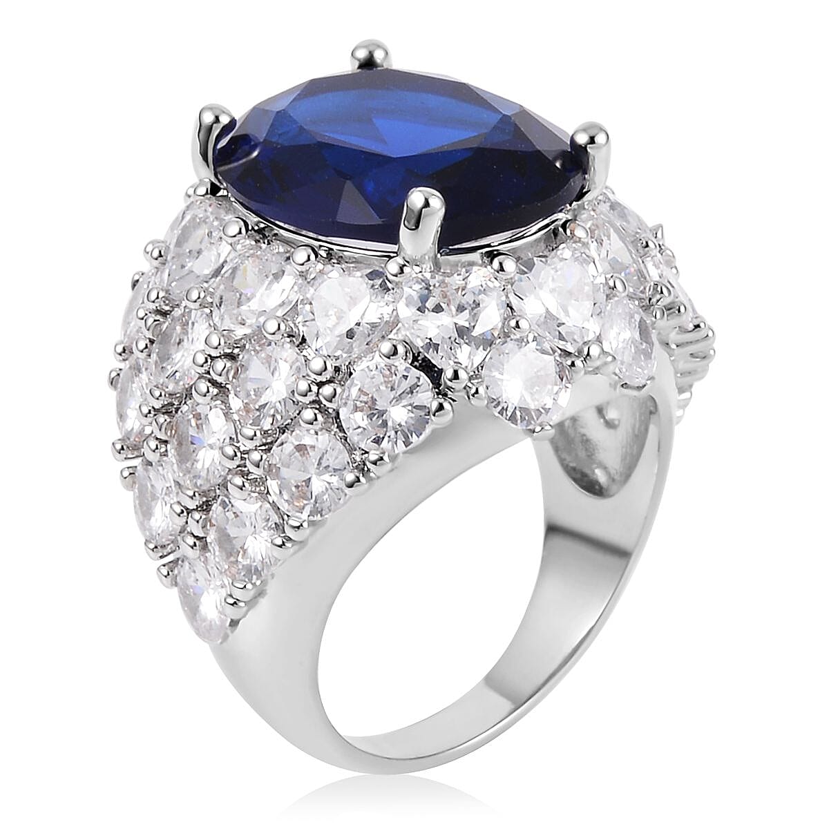 Simulated Sapphire and Simulated Diamond Dome Ring in Silvertone (Size 9.0) 1.60 ctw image number 3