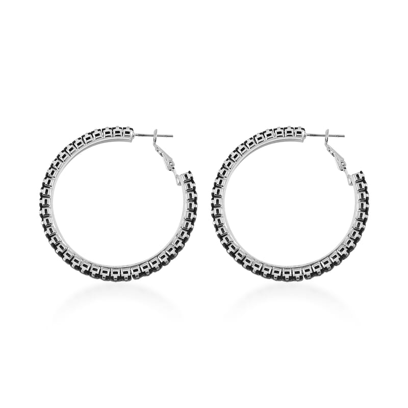 Simulated Black Color Diamond Hoop Earrings in Silvertone