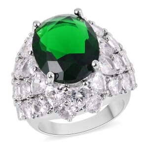 Simulated Emerald and Simulated Diamond Dome Ring in Silvertone (Size 6.0) 1.60 ctw