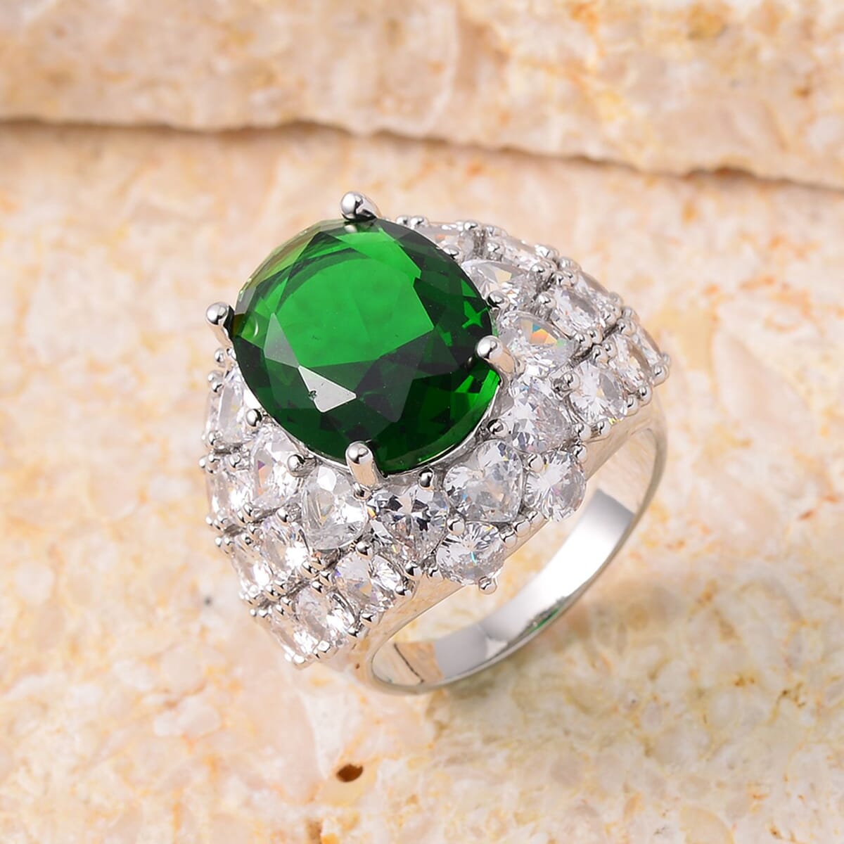 Simulated Emerald and Simulated Diamond Dome Ring in Silvertone (Size 6.0) 1.60 ctw image number 1