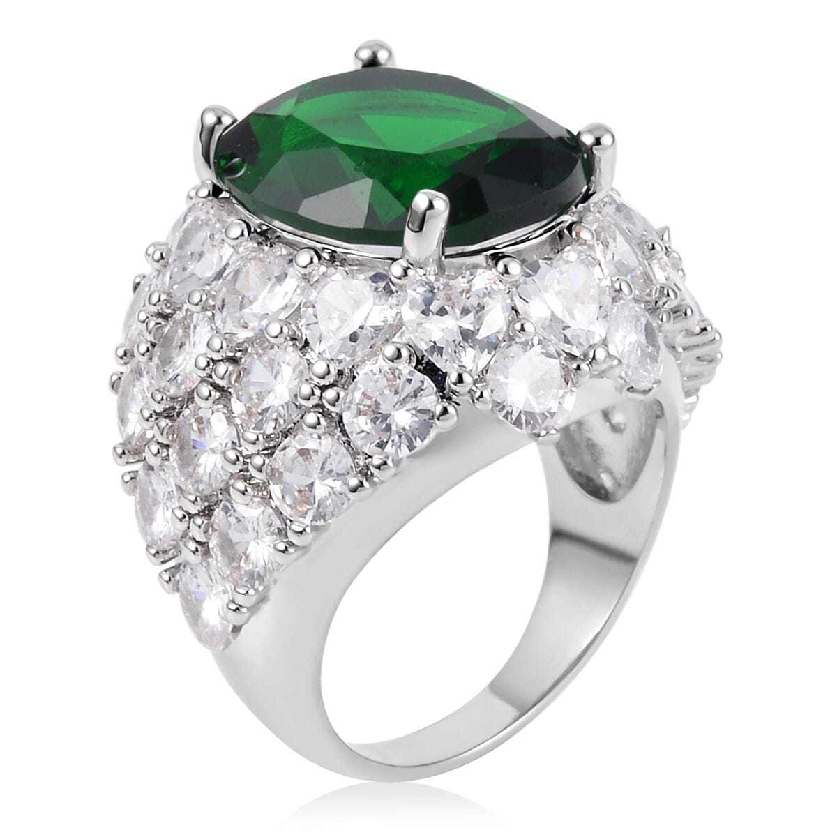 Simulated Emerald and Simulated Diamond Dome Ring in Silvertone (Size 6.0) 1.60 ctw image number 3