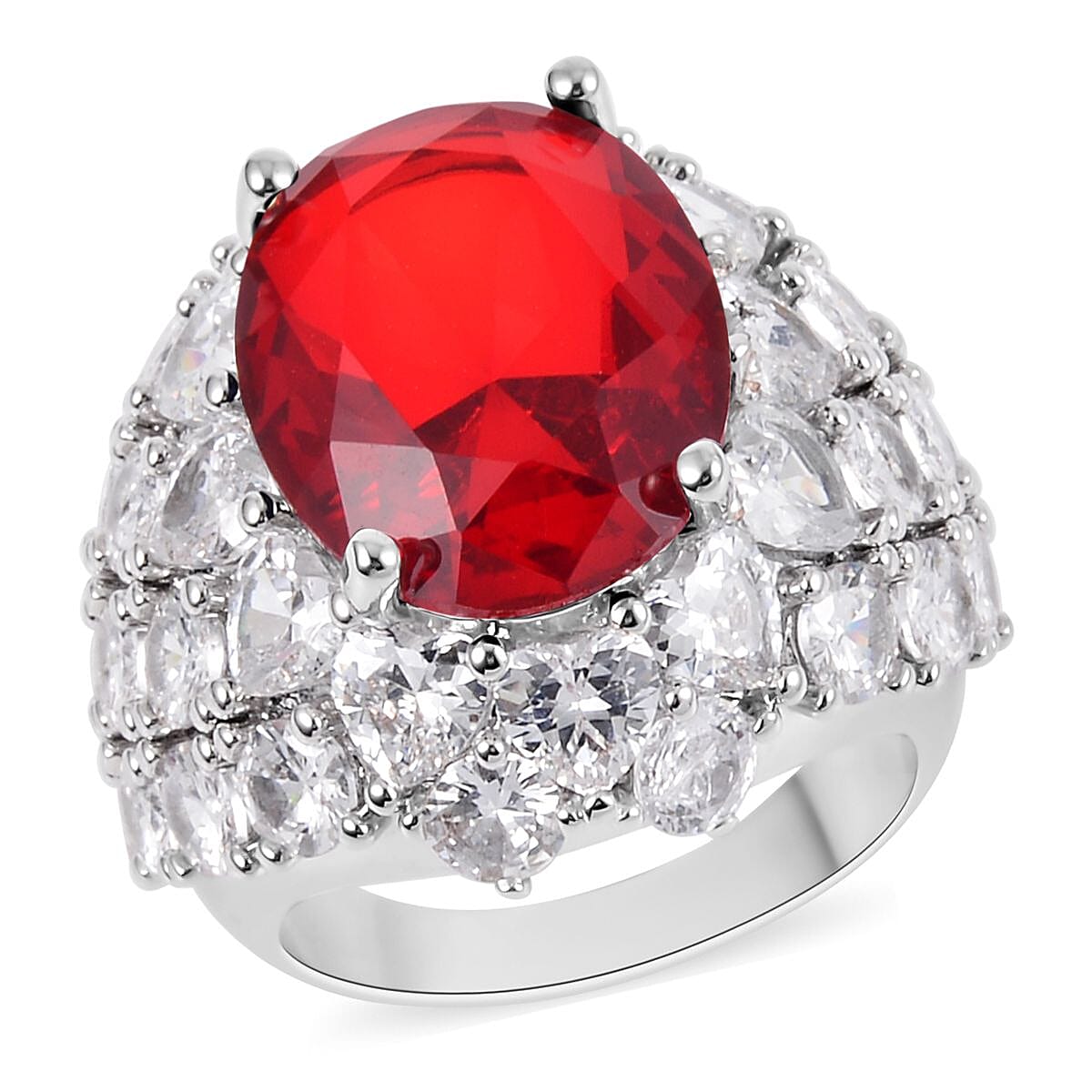 Simulated Red and White Diamond Dome Ring in Silvertone (Size 10.0) 1.60 ctw image number 0