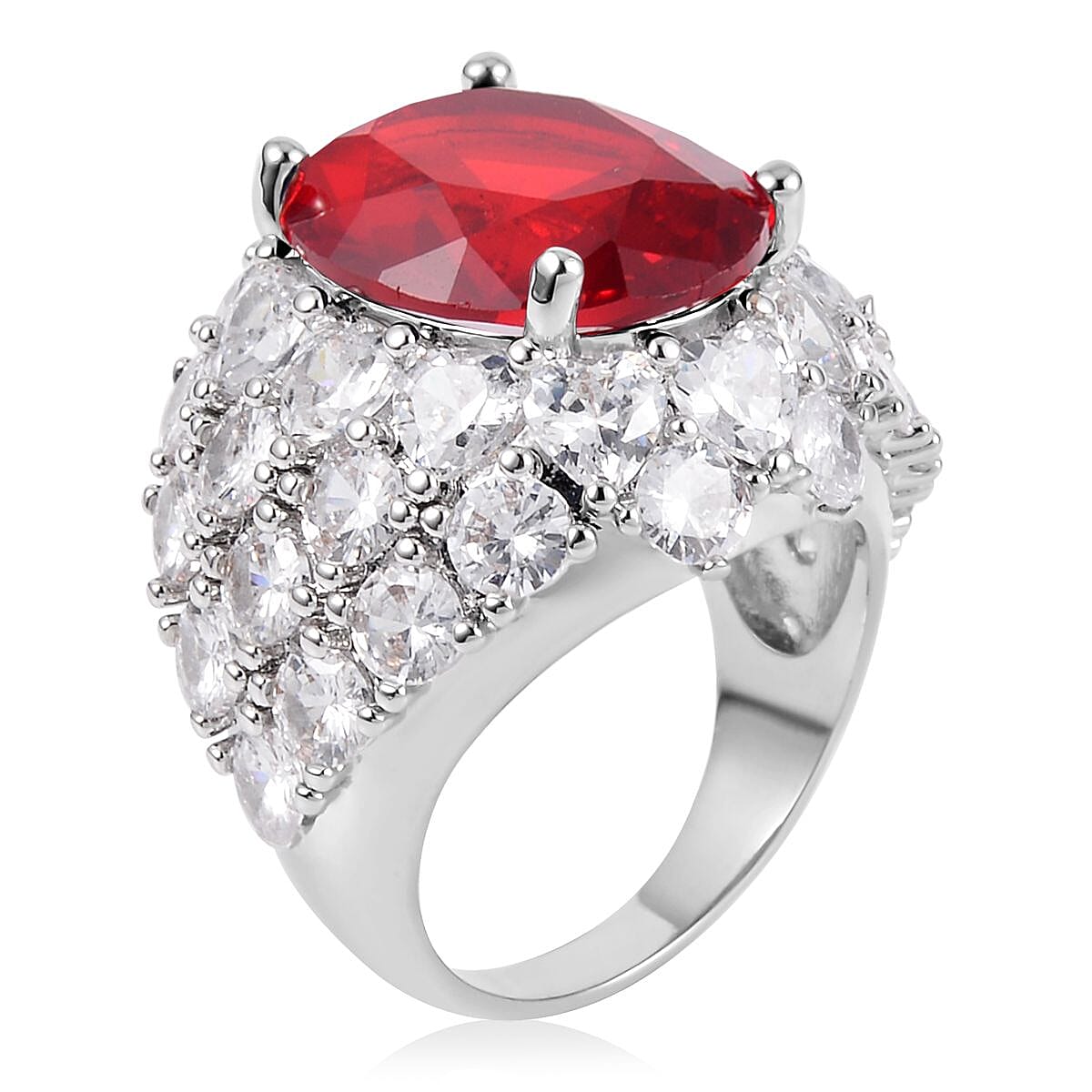 Simulated Red and White Diamond Dome Ring in Silvertone (Size 10.0) 1.60 ctw image number 3