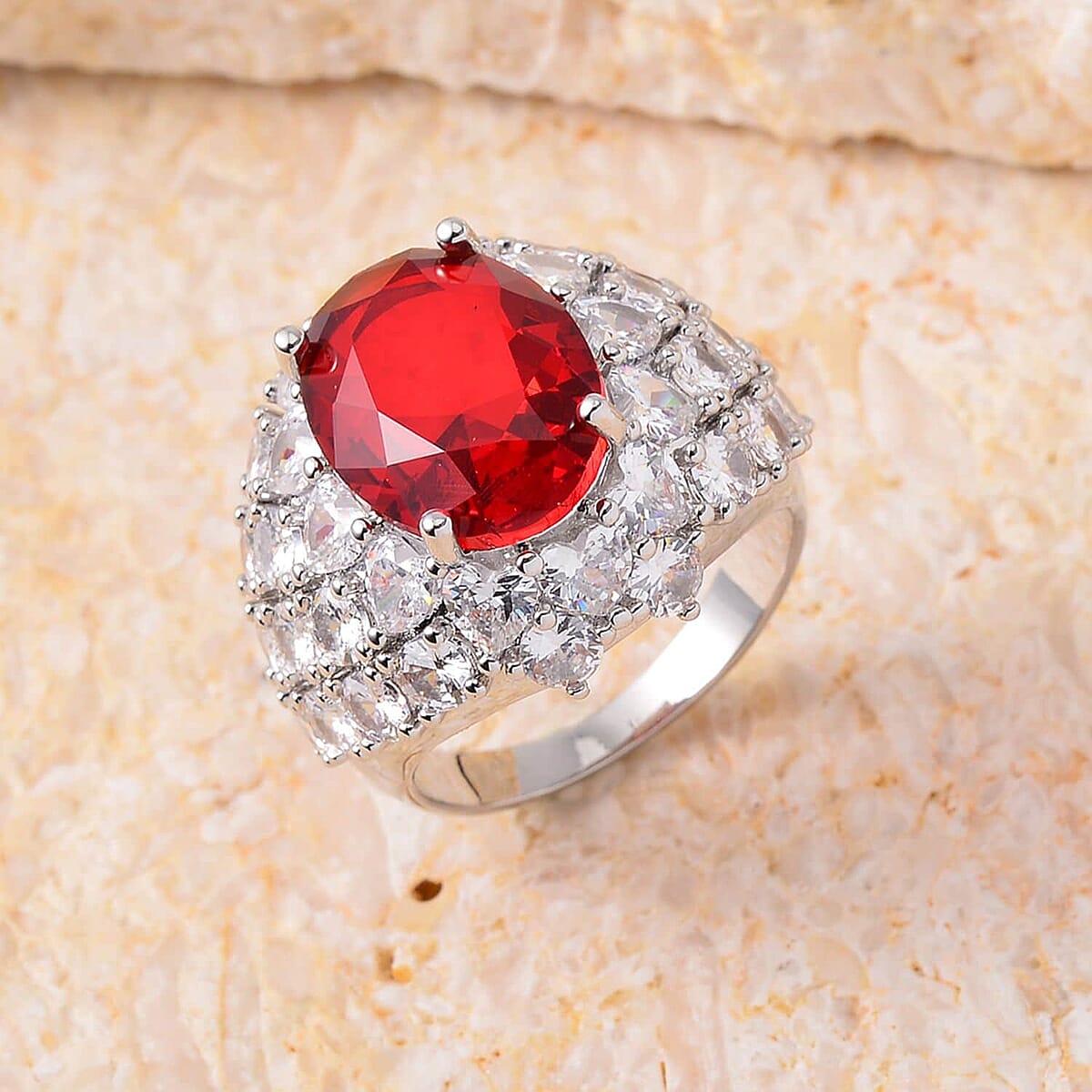 Simulated Red and White Diamond Dome Ring in Silvertone (Size 7.0) 1.60 ctw image number 1