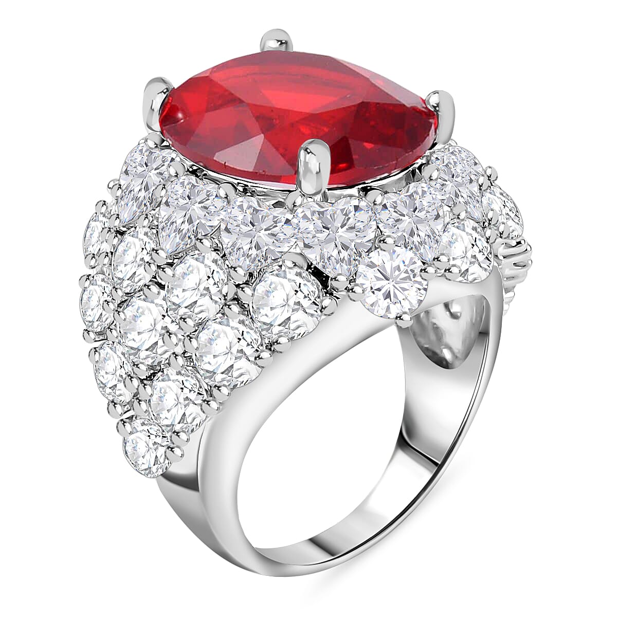 Simulated Red and White Diamond Dome Ring in Silvertone (Size 7.0) 1.60 ctw image number 3