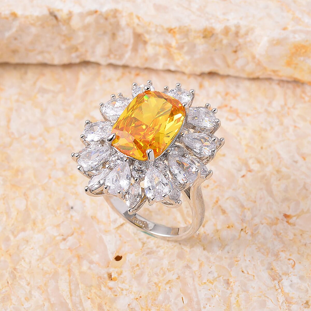 Simulated Yellow and White Diamond Halo Ring in Silvertone (Size 7.0) 4.00 ctw image number 1