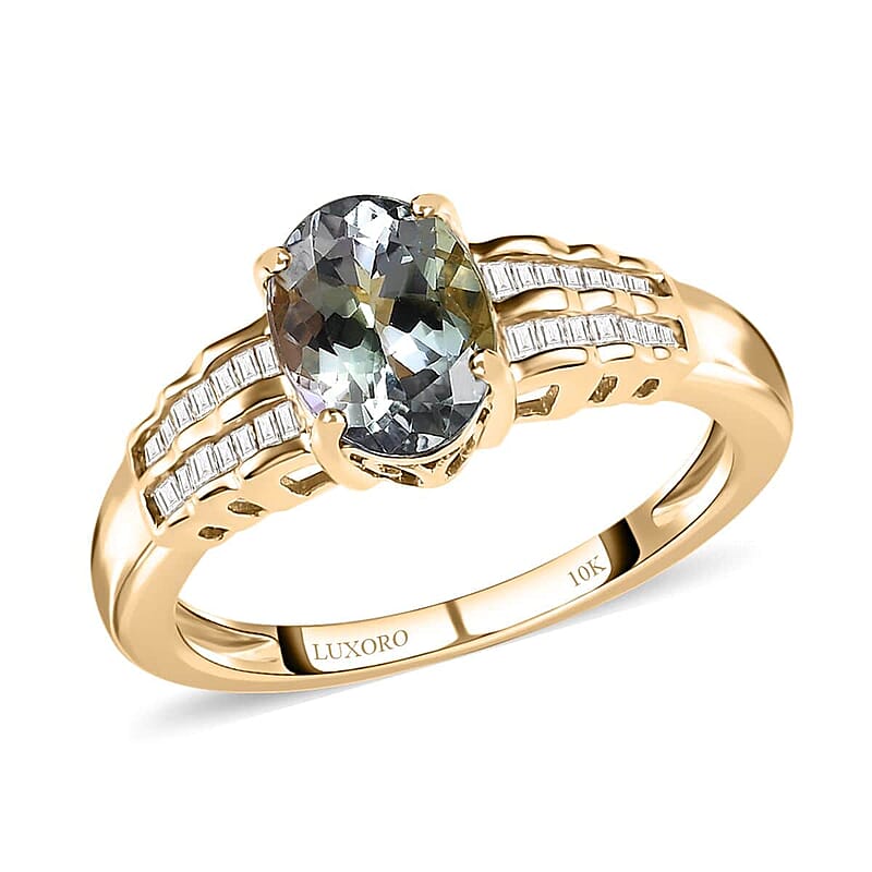 Luxoro 10K Yellow Gold Premium Green Tanzanite and G-H I3 Diamond Ring (Size 6.0) 1.90 ctw