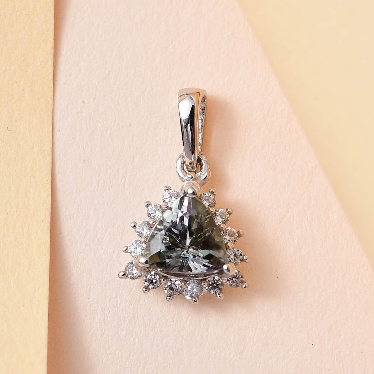 Green Tanzanite and White Zircon Halo Pendant in Platinum Over Sterling Silver 0.90 ctw image number 1