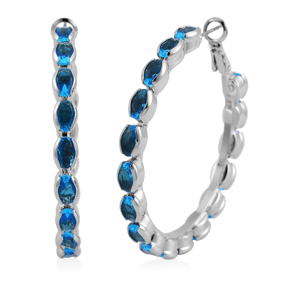 Bargain Deal Simulated Blue Sapphire Hoop Earrings in Silvertone image number 0