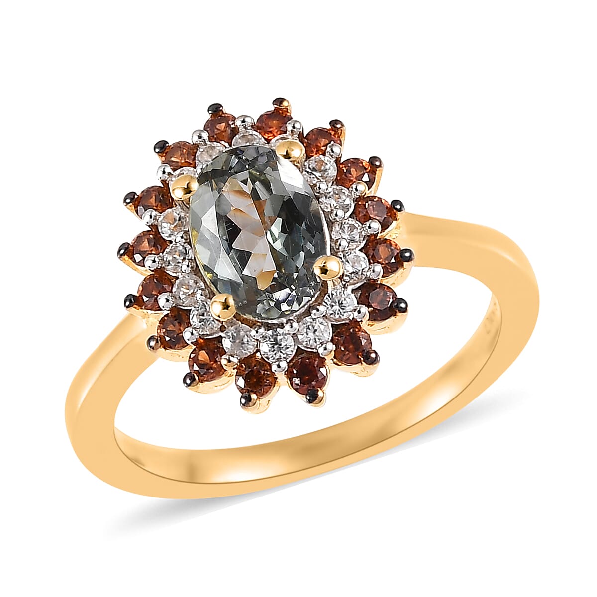 Green Tanzanite, Brown and White Zircon Sunburst Ring in Vermeil Yellow Gold Over Sterling Silver (Size 10.0) 1.50 ctw