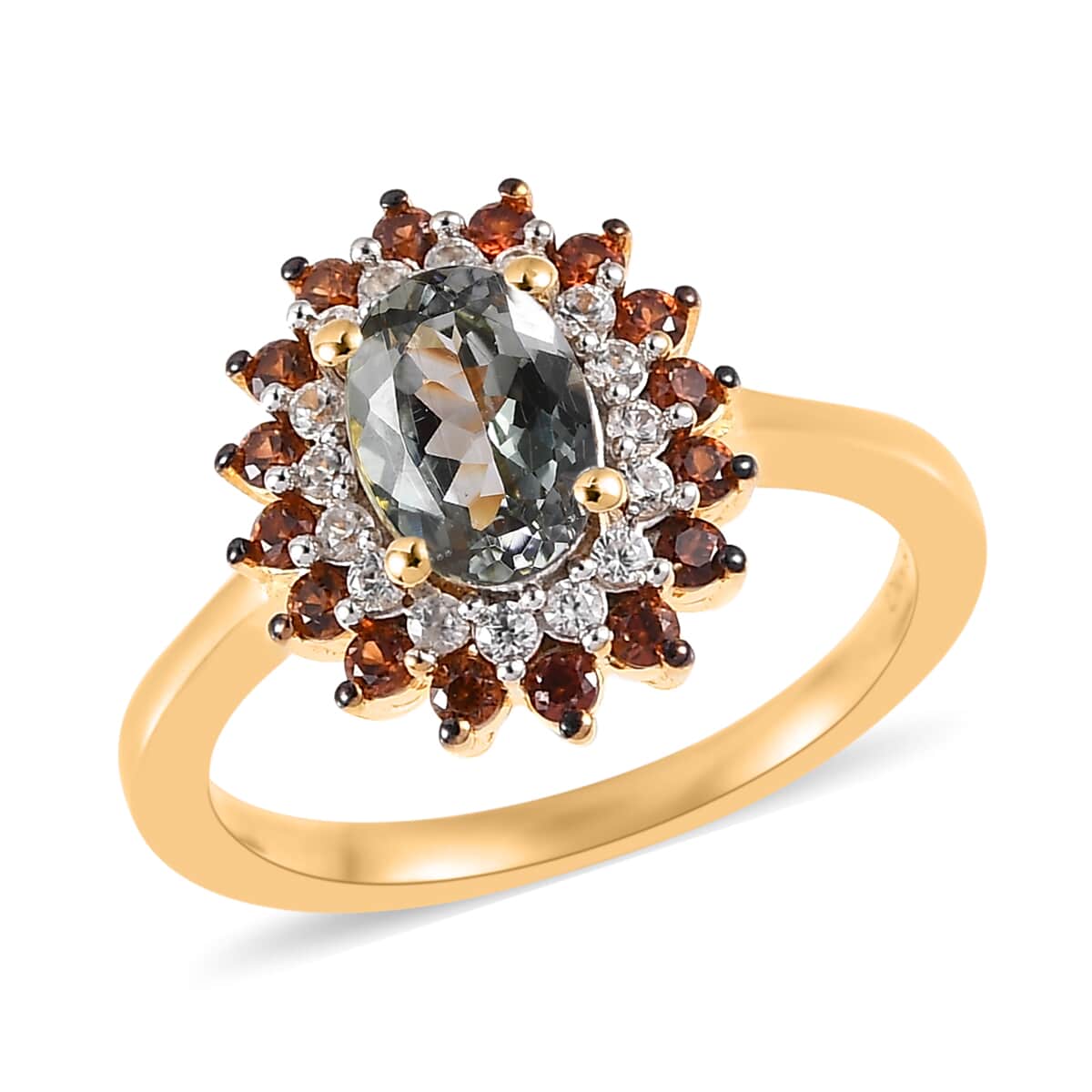 Green Tanzanite, Brown and White Zircon Sunburst Ring in Vermeil YG Over Sterling Silver (Size 10.0) 1.50 ctw image number 0