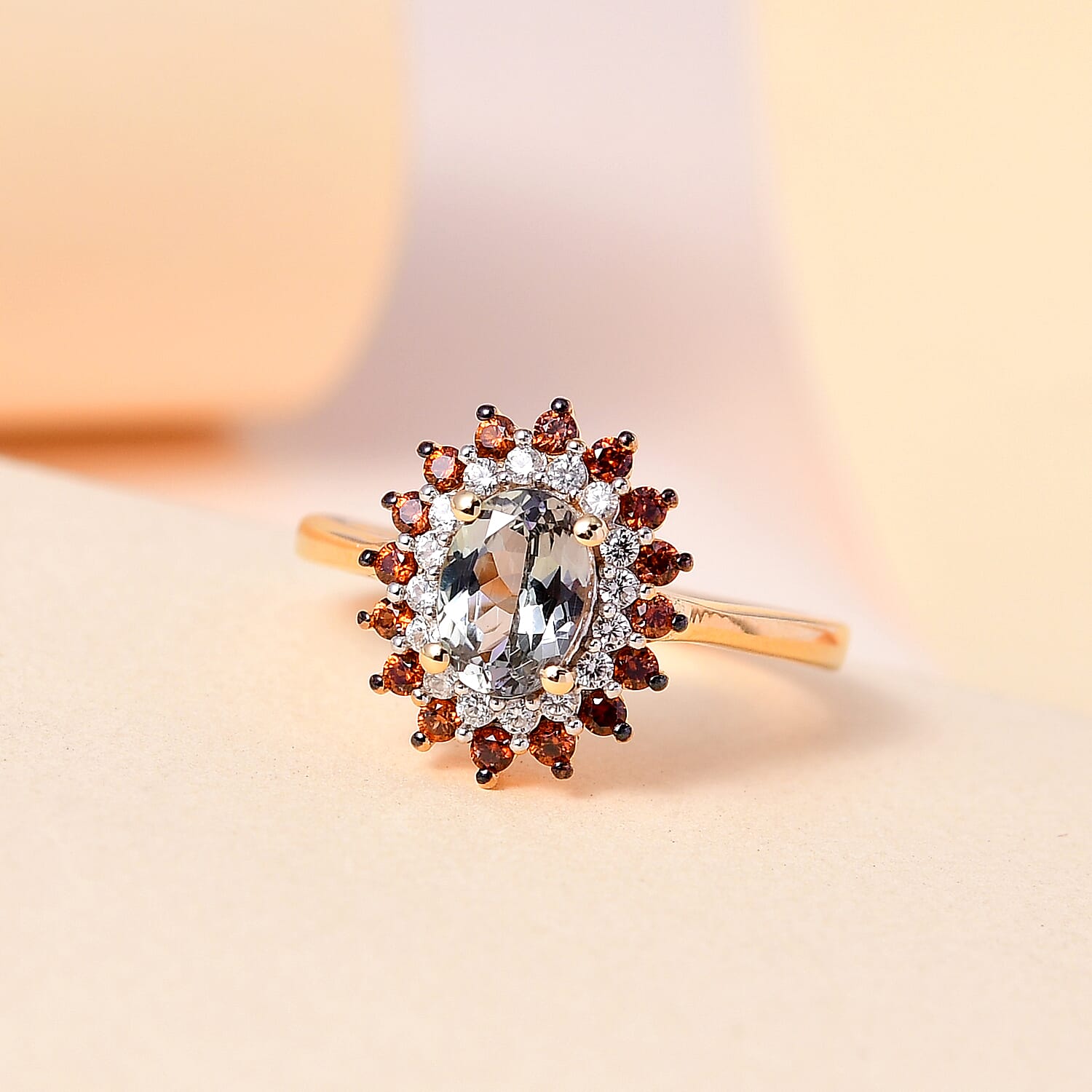 Green Tanzanite, Brown and White Zircon Sunburst Ring in Vermeil Yellow Gold Over Sterling Silver (Size 10.0) 1.50 ctw