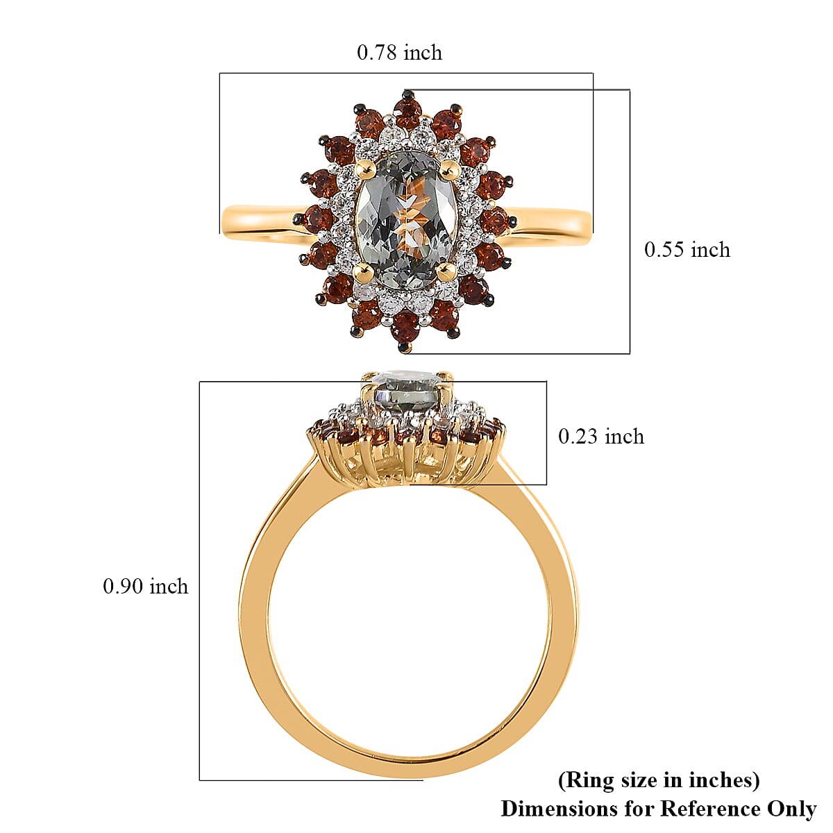 Green Tanzanite, Brown and White Zircon Sunburst Ring in Vermeil Yellow Gold Over Sterling Silver (Size 10.0) 1.50 ctw