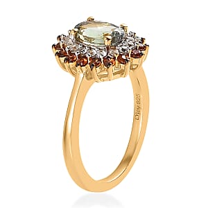 Green Tanzanite, Brown and White Zircon Sunburst Ring in Vermeil Yellow Gold Over Sterling Silver (Size 5.0) 1.50 ctw