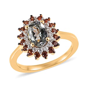 Green Tanzanite, Brown and White Zircon Sunburst Ring in Vermeil Yellow Gold Over Sterling Silver (Size 6.0) 1.50 ctw