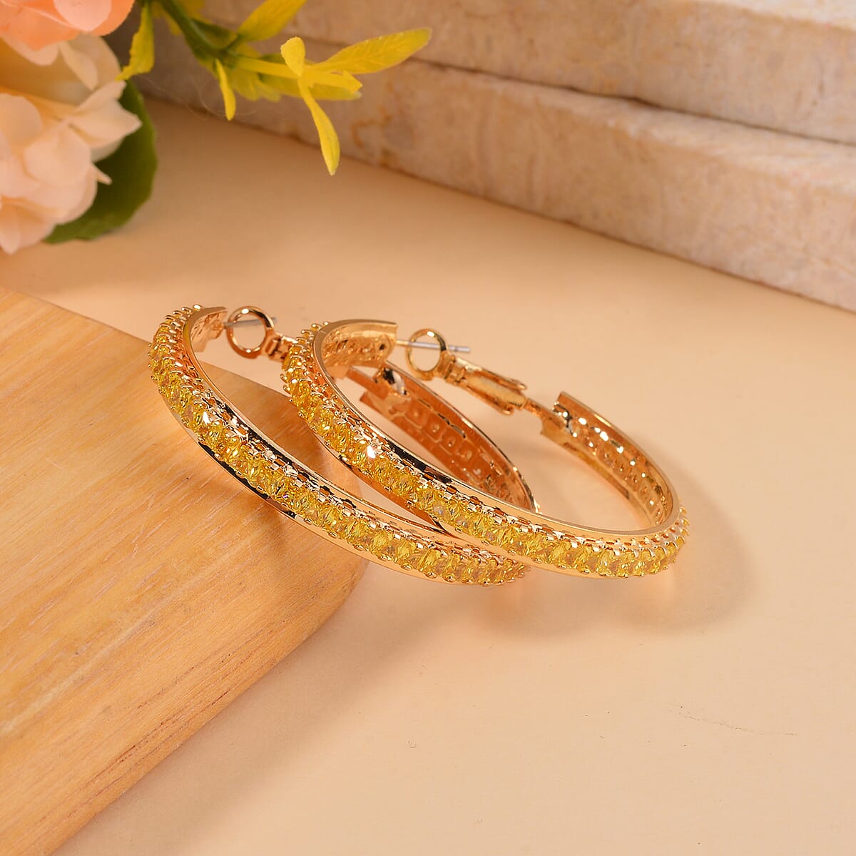 Simulated Yellow Diamond Hoop Earrings in Goldtone 6.00 ctw image number 1