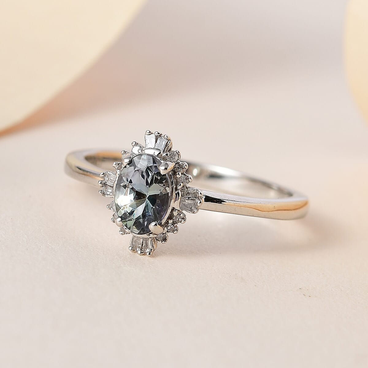 Green Tanzanite and Diamond Ballerina Halo Ring in Platinum Over Sterling Silver (Size 6.0) 0.75 ctw image number 1