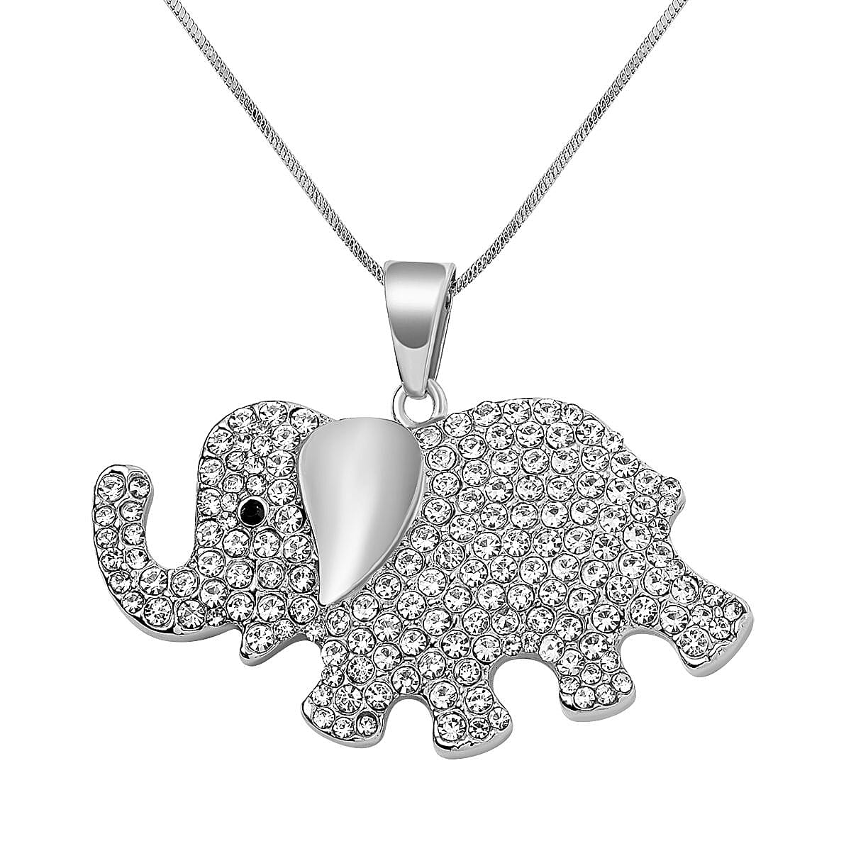 Black and White Austrian Crystal Elephant Necklace 28-30 Inches in Silvertone