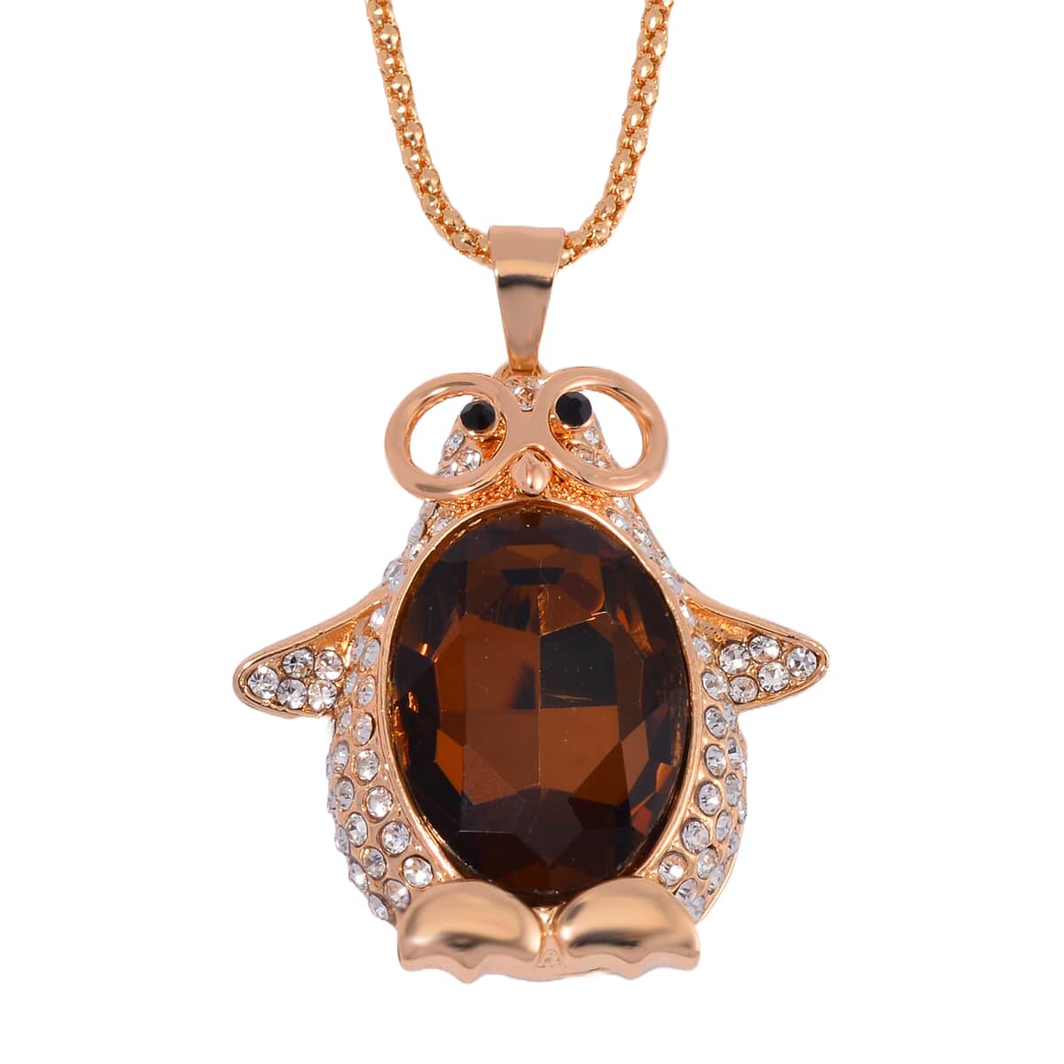 Simulated Champagne Quartz, Black and White Austrian Crystal Penguin Pendant with Necklace in Goldtone 28-30 Inches image number 0