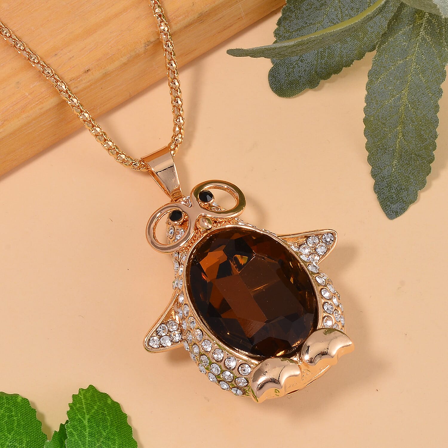 Simulated Champagne Quartz, Black and White Austrian Crystal Penguin Pendant with Necklace in Goldtone 28-30 Inches