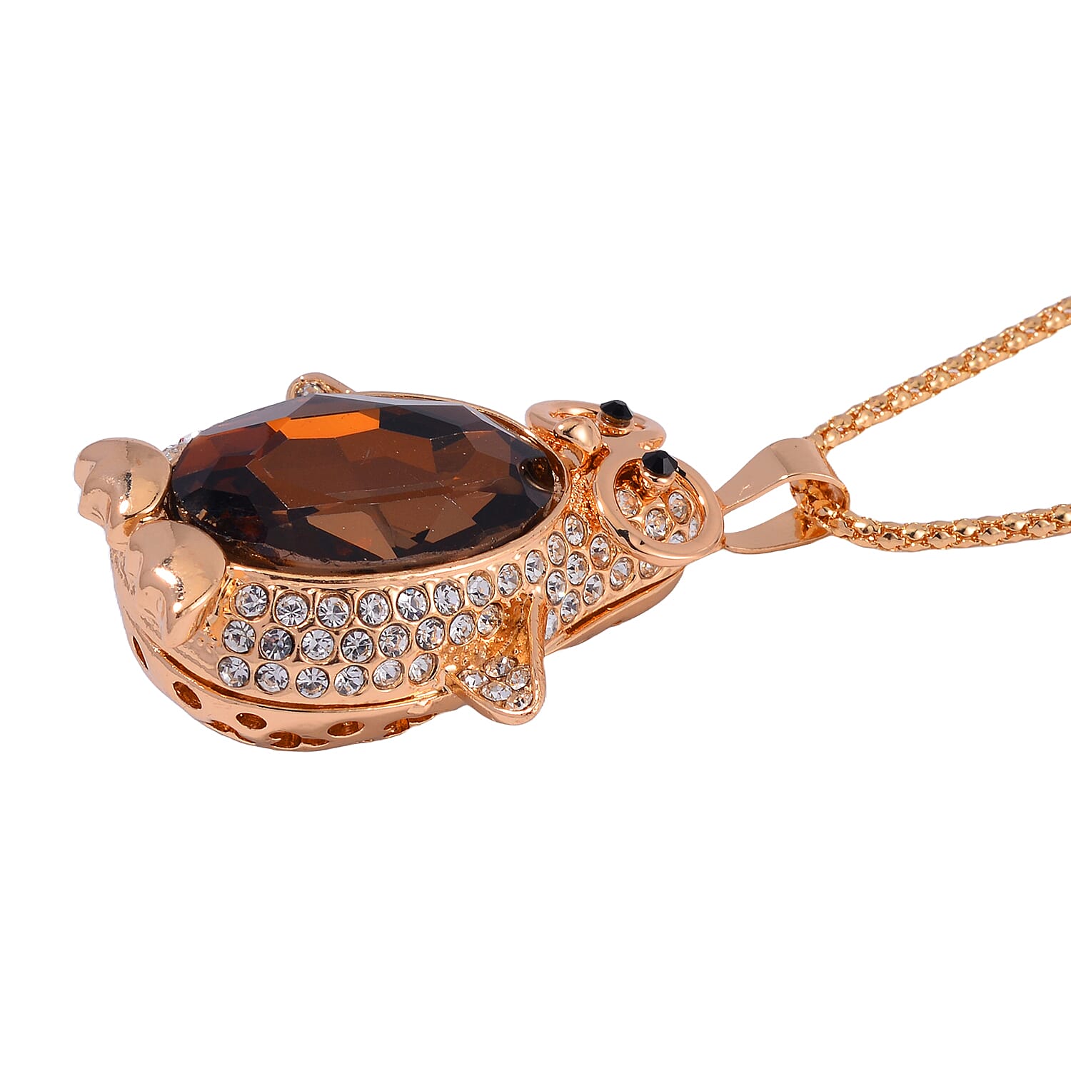 Simulated Champagne Quartz, Black and White Austrian Crystal Penguin Pendant with Necklace in Goldtone 28-30 Inches