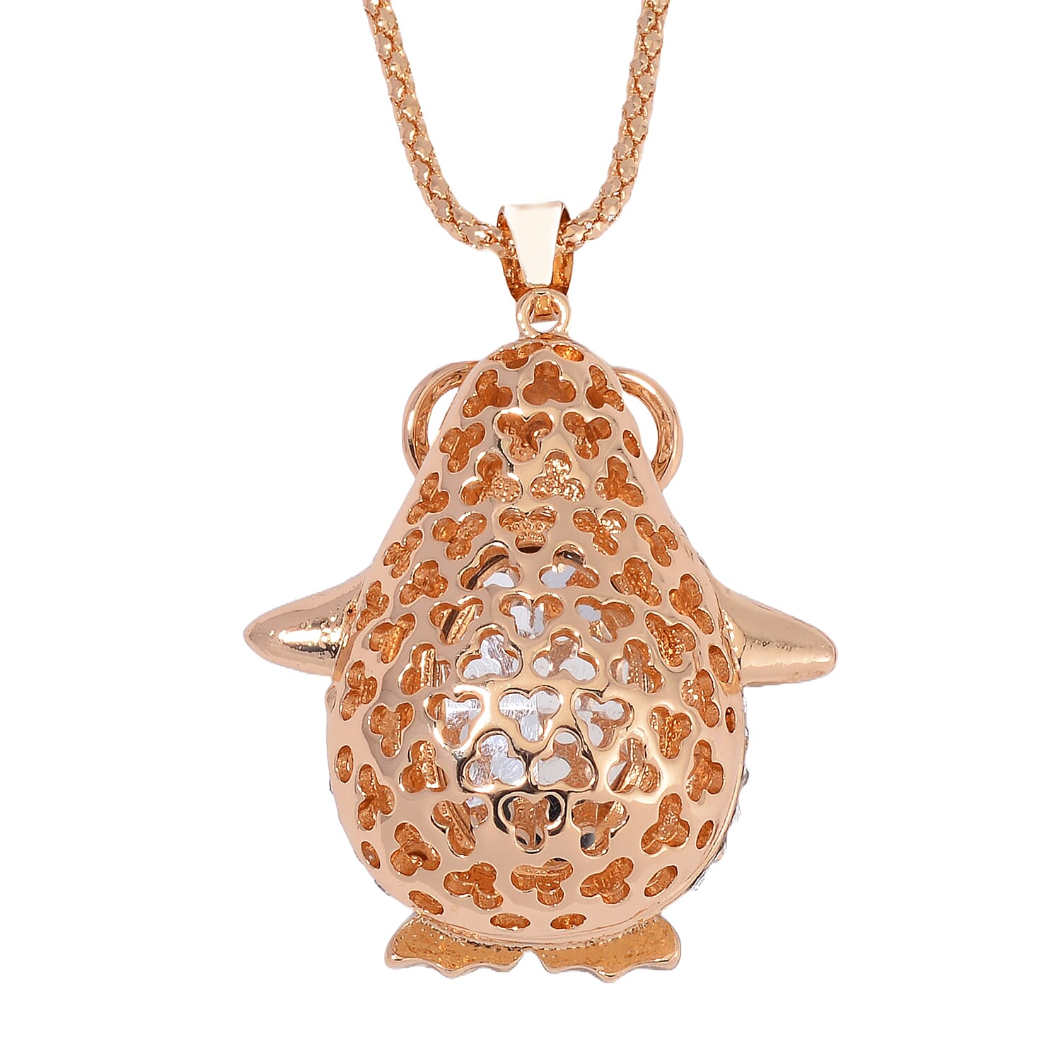 Simulated Champagne Quartz, Black and White Austrian Crystal Penguin Pendant with Necklace in Goldtone 28-30 Inches