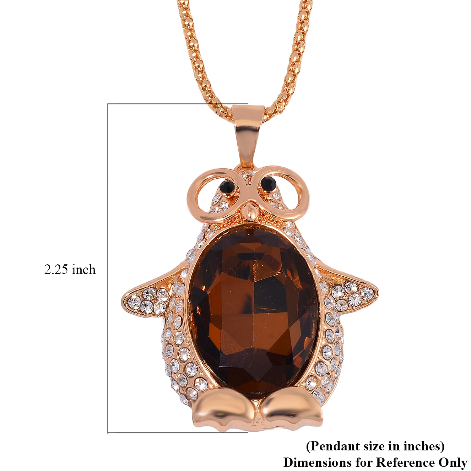 Simulated Champagne Quartz, Black and White Austrian Crystal Penguin Pendant with Necklace in Goldtone 28-30 Inches