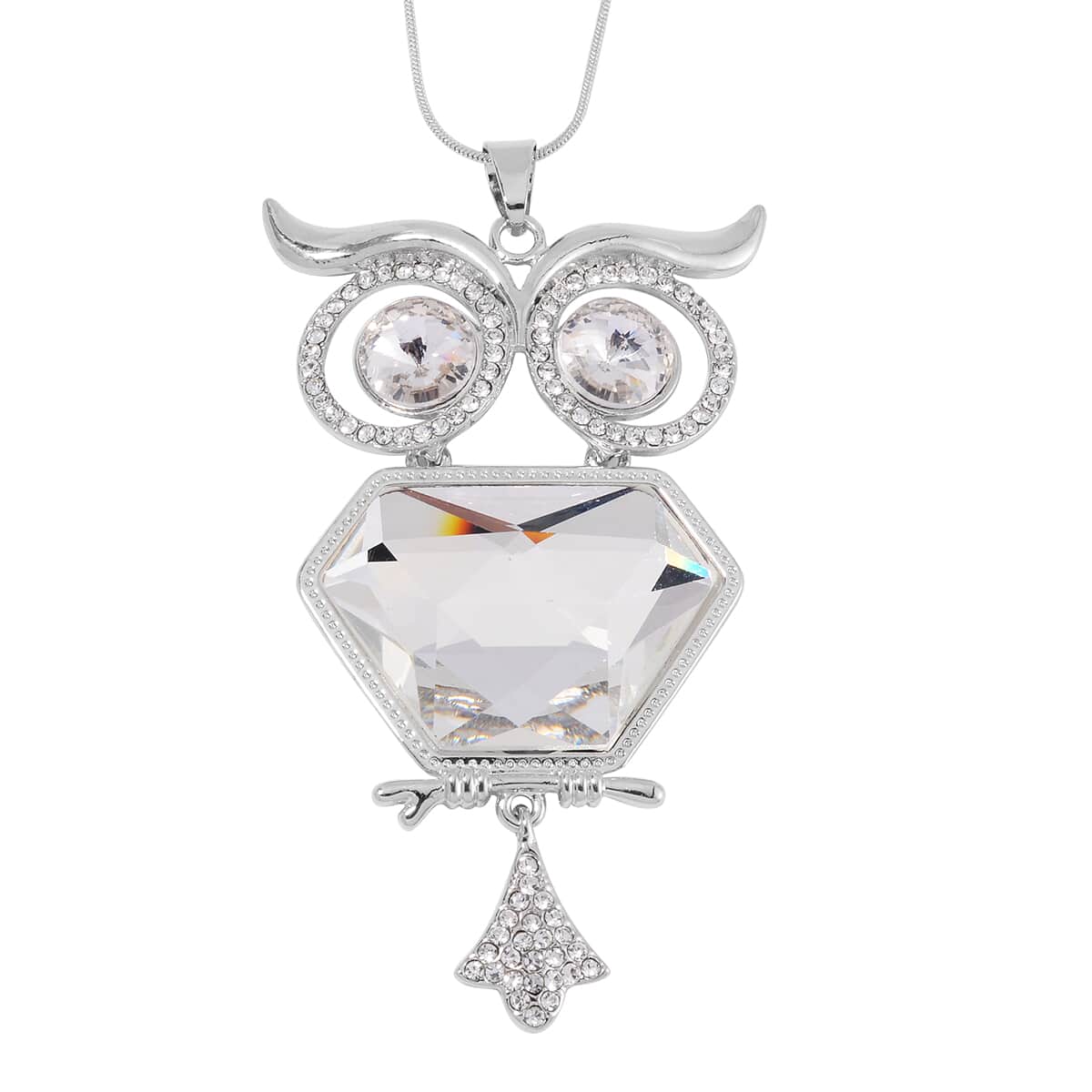 White Austrian Crystal Owl Necklace in Silvertone 28-30 Inches image number 0