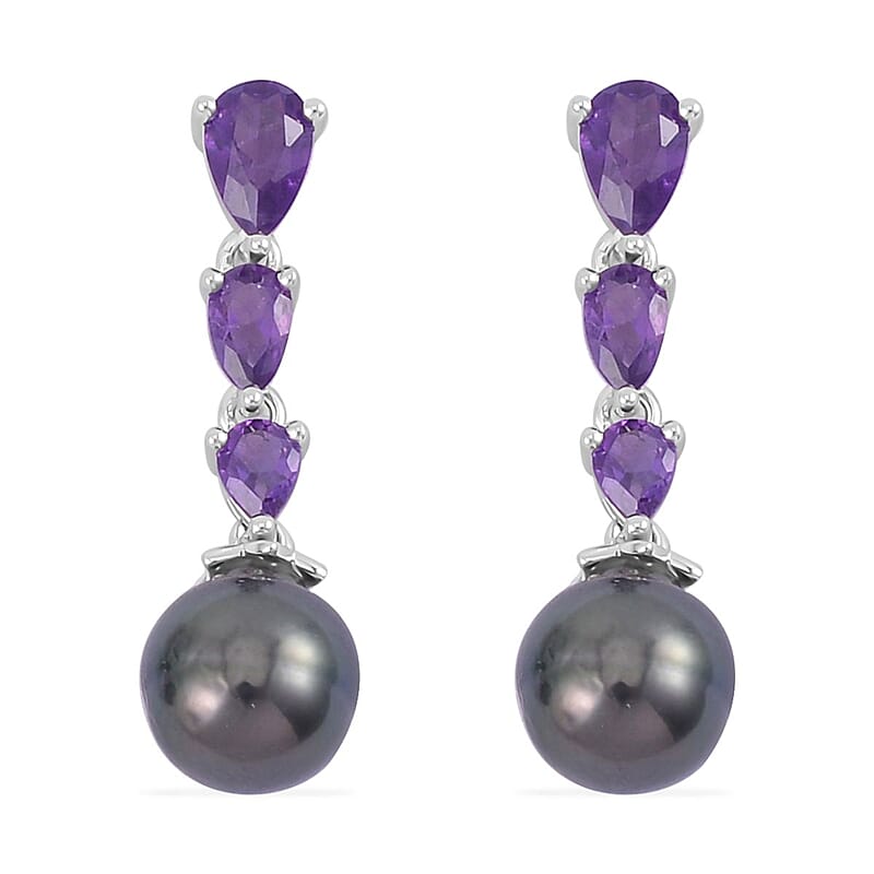 Tahitian Cultured Pearl and Amethyst Dangle Earrings in Rhodium Over Sterling Silver 1.40 ctw