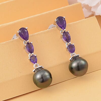 Tahitian Cultured Pearl and Amethyst Dangle Earrings in Rhodium Over Sterling Silver 1.40 ctw