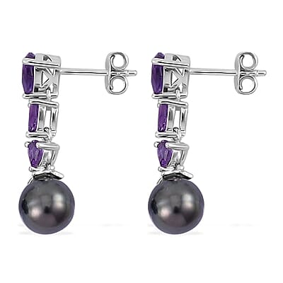 Tahitian Cultured Pearl and Amethyst Dangle Earrings in Rhodium Over Sterling Silver 1.40 ctw