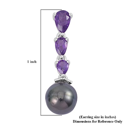 Tahitian Cultured Pearl and Amethyst Dangle Earrings in Rhodium Over Sterling Silver 1.40 ctw