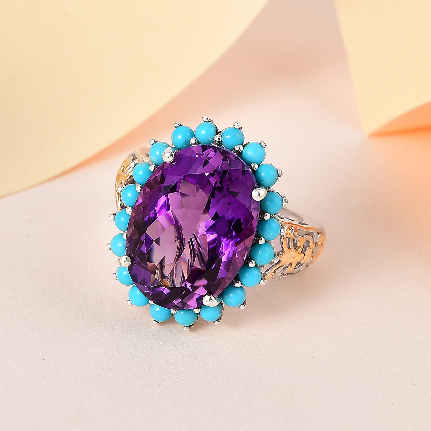 African Amethyst and Sleeping Beauty Turquoise Halo Ring in Vermeil YG and Platinum Over Sterling Silver (Size 10.0) 13.60 ctw