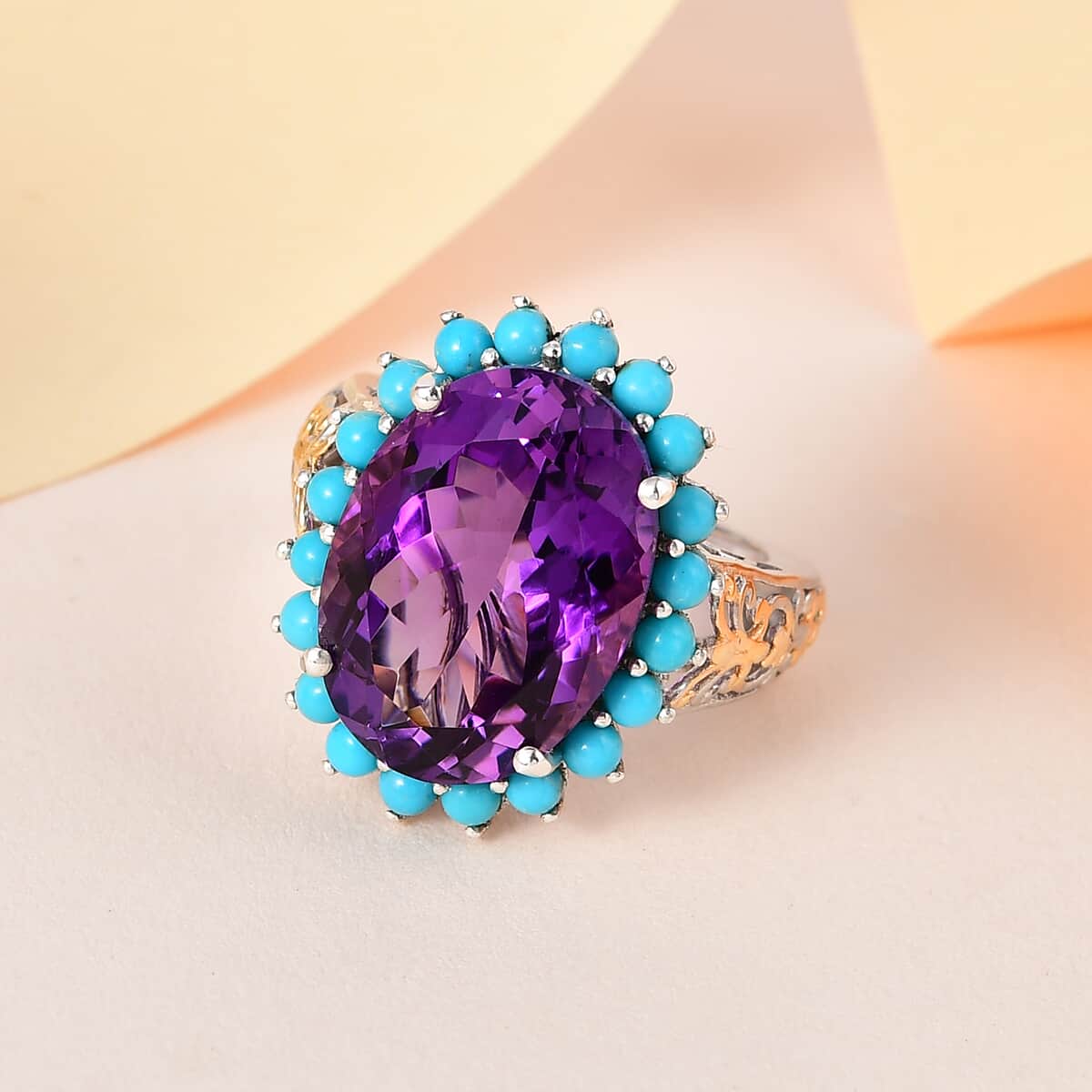 African Amethyst, Sleeping Beauty Turquoise Halo Ring in Vermeil YG and Platinum Over Sterling Silver (Size 10.0) 13.60 ctw image number 1