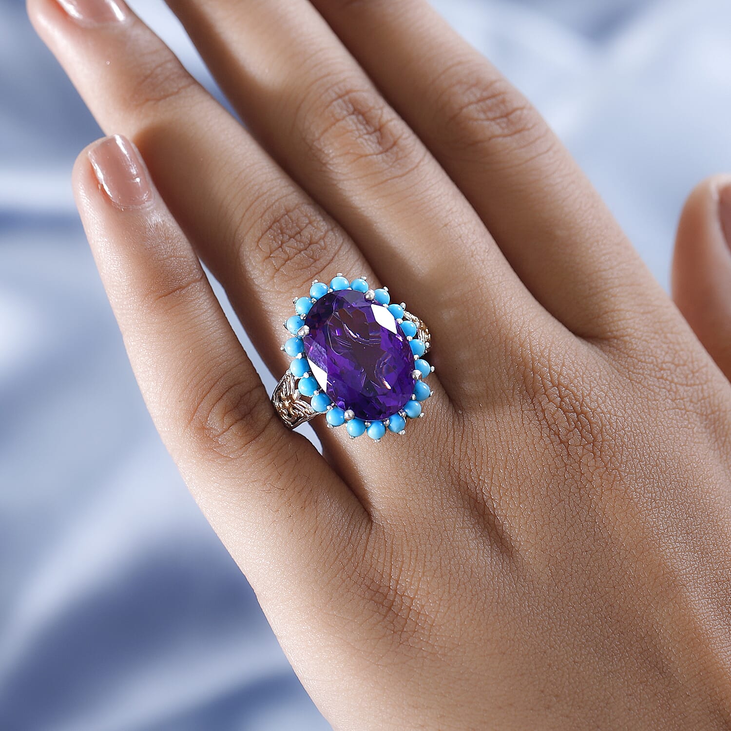 African Amethyst and Sleeping Beauty Turquoise Halo Ring in Vermeil YG and Platinum Over Sterling Silver (Size 10.0) 13.60 ctw