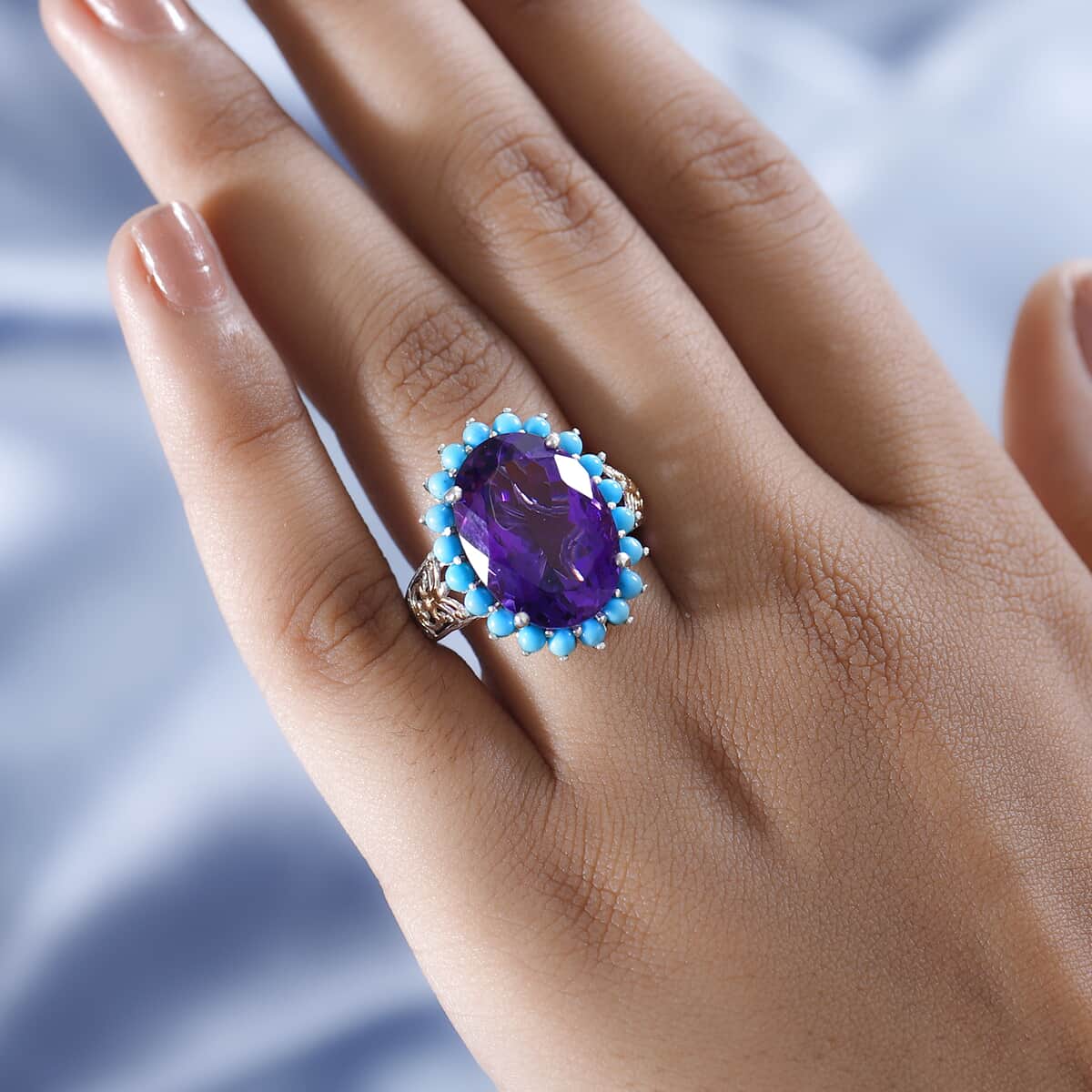 African Amethyst, Sleeping Beauty Turquoise Halo Ring in Vermeil YG and Platinum Over Sterling Silver (Size 10.0) 13.60 ctw image number 2