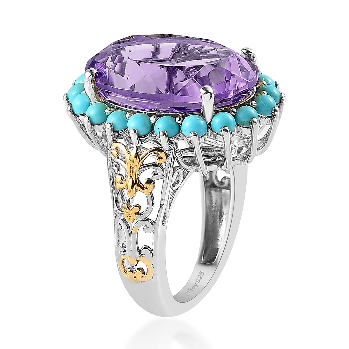 African Amethyst and Sleeping Beauty Turquoise Halo Ring in Vermeil YG and Platinum Over Sterling Silver (Size 10.0) 13.60 ctw