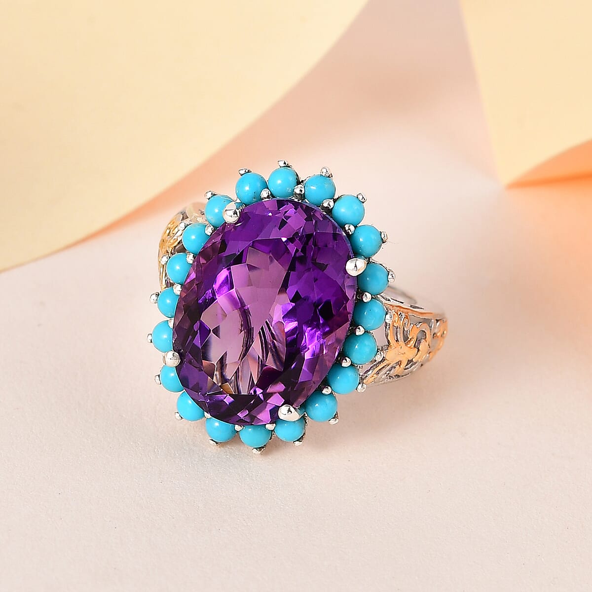 African Amethyst and Sleeping Beauty Turquoise Halo Ring in Vermeil YG and Platinum Over Sterling Silver (Size 7.0) 13.60 ctw image number 1