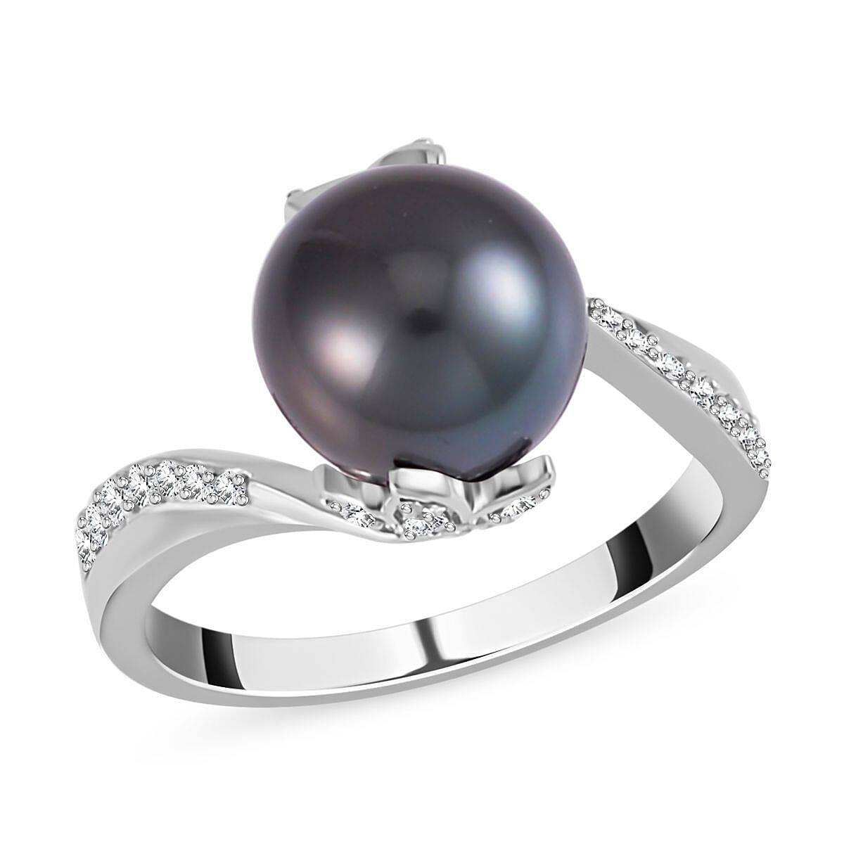 Tahitian Cultured Pearl and Moissanite Ring in Rhodium Over Sterling Silver (Size 10.0) 0.30 ctw